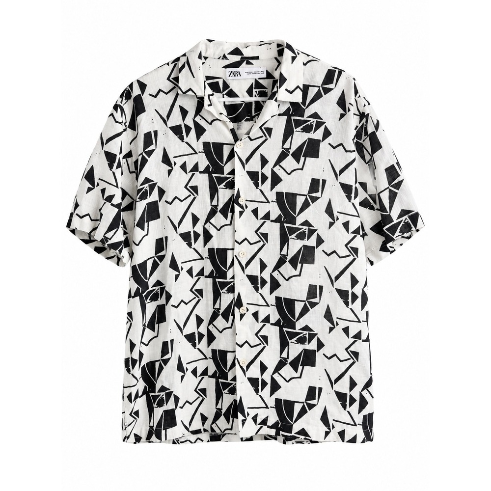 Zara Men XL Black White Abstract Geometric Print Button Up Shirt